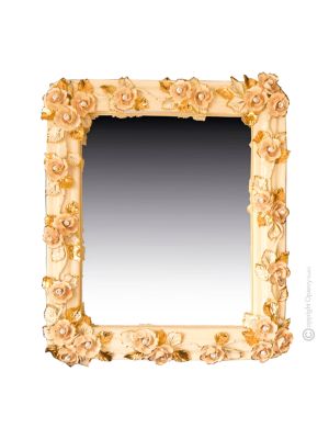 MIROIR CRISTAL ET ROSE Miroir décoratif artistique en céramique de style baroque avec détails en or 24 carats Fabriqué en Italie