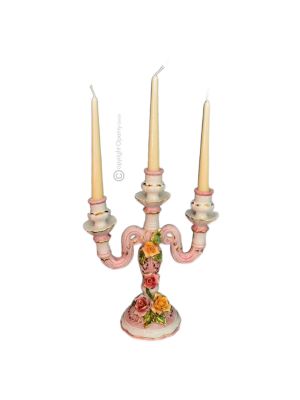 Bougeoir artistique en céramique de style baroque ROSE avec détails de couleur or 24 carats Fabriqué en Italie