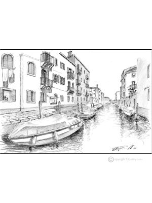 FONDAMENTA BATTELLO - VENISE Dessin au crayon sur carton moderne Made in Italy 