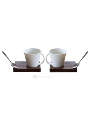 KRISTIAN 1 set 2 tasses avec porte-gobelet en bois et cuillère en porcelaine style moderne authentique fait main Made in Italy