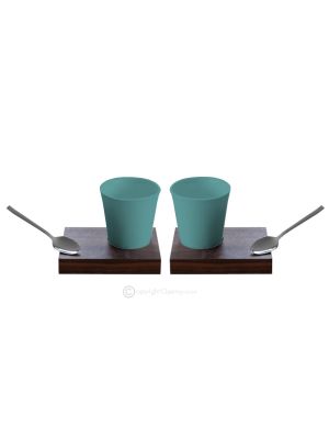 KRISTIAN set de 2 tasses avec porte-gobelet en bois et cuillère à café en porcelaine, style moderne, authentique fait main, Made in Italy