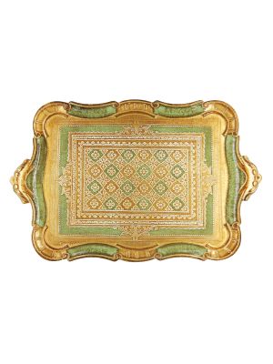 GOLDEN TRAY GREEN CARPET Plateau en bois décoré d'or et de vert peint à la main fabriqué en Italie