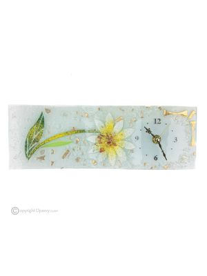 Horloge de table en verre transparent GERBERA feuille d'or 24 carats, design avec relief, fait main