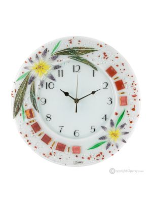 ASTER Horloge murale, verre artistique décoré en relief floral, fait main