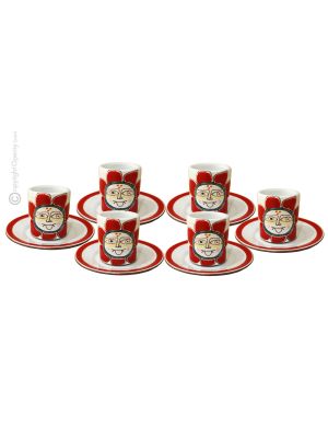 SOLE ROSSO CUPS ensemble de 6 tasses à expresso en céramique faites à la main avec soucoupes, Sicile authentique Made in Italy