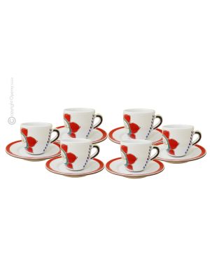 SOLE ROSSO CUPS ensemble de 6 tasses à expresso en céramique faites à la main avec soucoupes, Sicile authentique Made in Italy