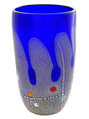 VASE DROP authentique verre soufflé de Murano avec Murrine et feuille d'argent 925 fait main Made in Italy