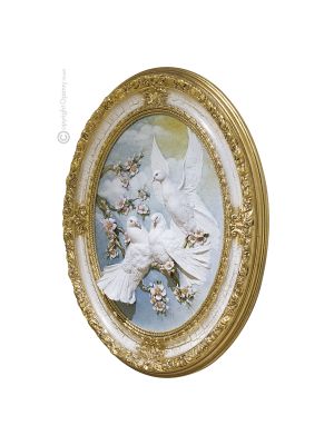 PAIRE DE COLOMBES Tableau bas-relief en porcelaine de Capodimonte Made in Italy